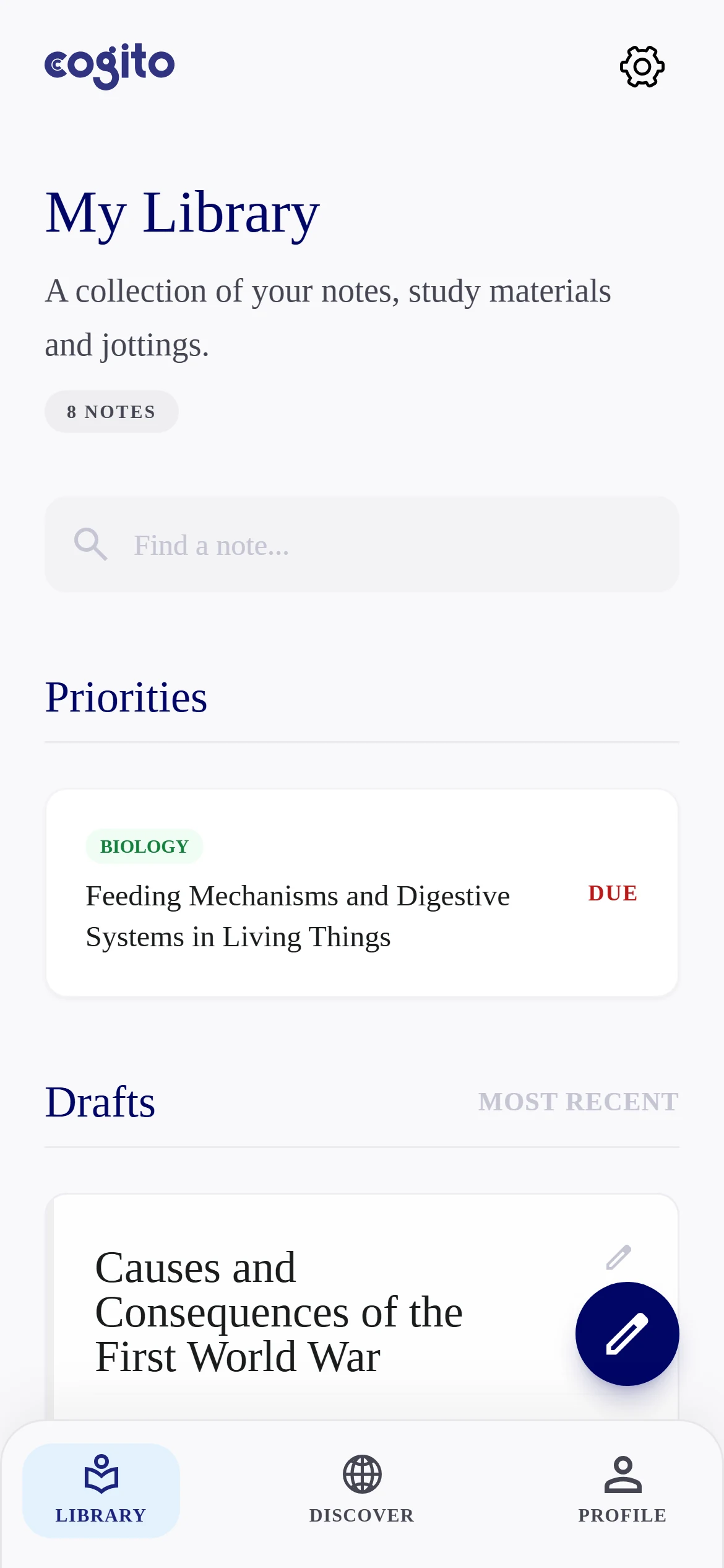 Cogito's My Library screen: a note due for revision under Priorities, with drafts below and Library, Discover and Profile tabs along the bottom